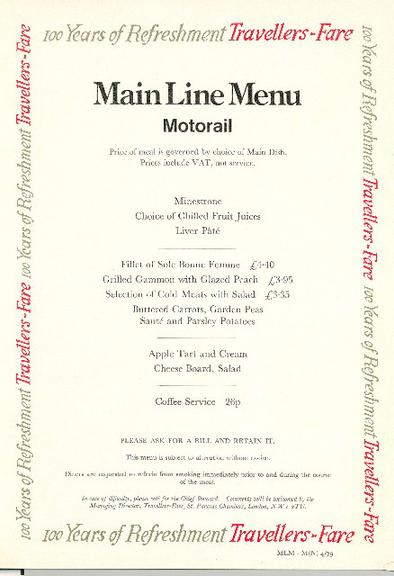 100 years of refreshment travellers fare main line menu motorail (menu)