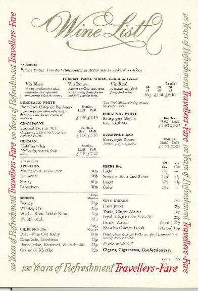 100 years of refreshment travellers fare wine list (wine list)