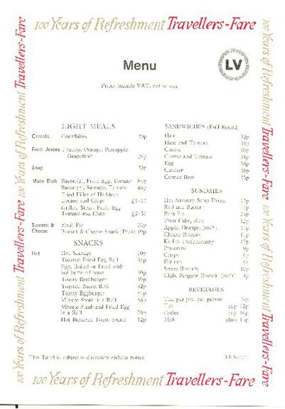 100 years of refreshment travellers fare menu (menu)