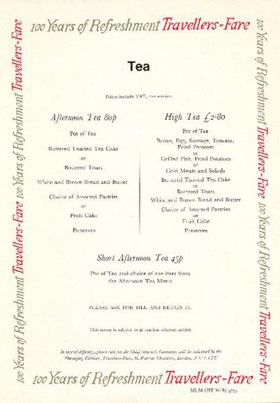 100 years of refreshment travellers fare tea (menu)