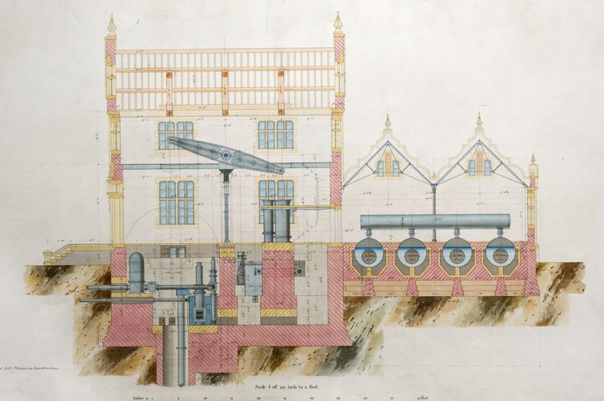 Scale drawing of Nottingham Water Works Engine House, England, 1851-1860