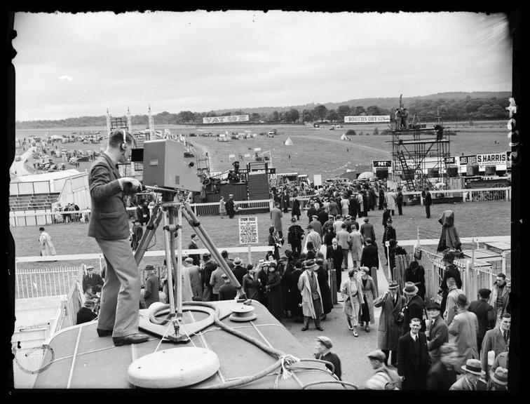 BBC television cameraman at Epsom racecourse, Surrey