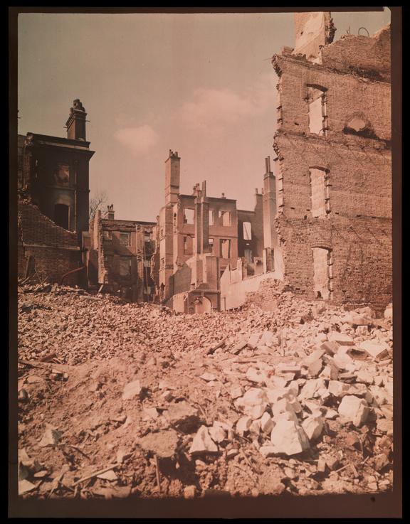 Bombed houses
    A Dufaycolor colour transparency of houses