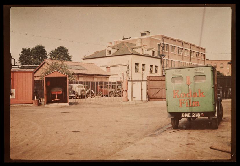 A Dufaycolor colour transparency of the entrance to the Kodak factory in Harrow