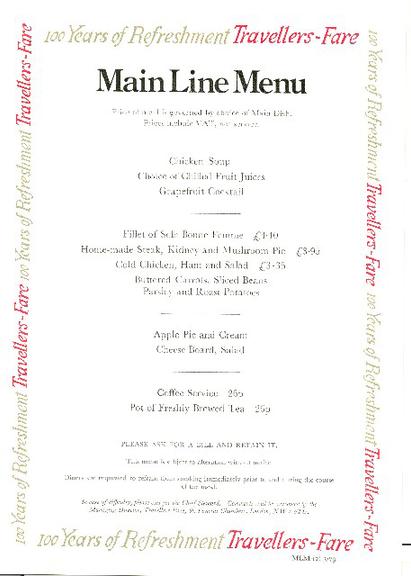 100 years of refreshment travellers fare main line luncheon (menu)