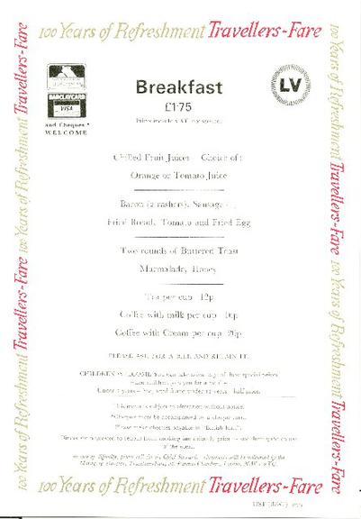 100 years of refreshment travellers fare breakfast (menu)