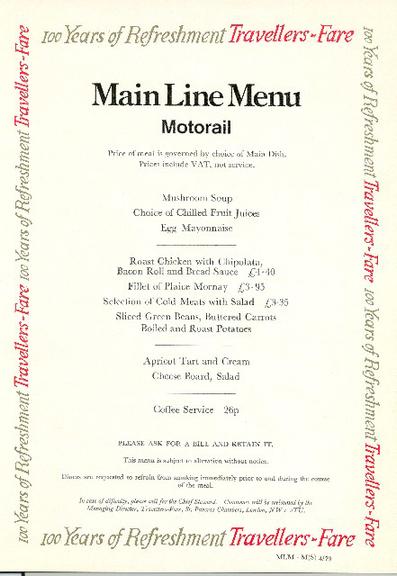 100 years of refreshment travellers fare main line menu motorail (menu)