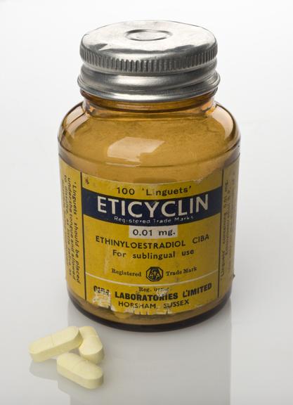 Bottle of "Eticyclin" tablets, by Ciba Laboratories Ltd