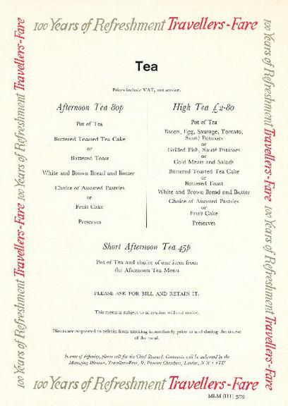 100 years of refreshment travellers fare tea (menu)