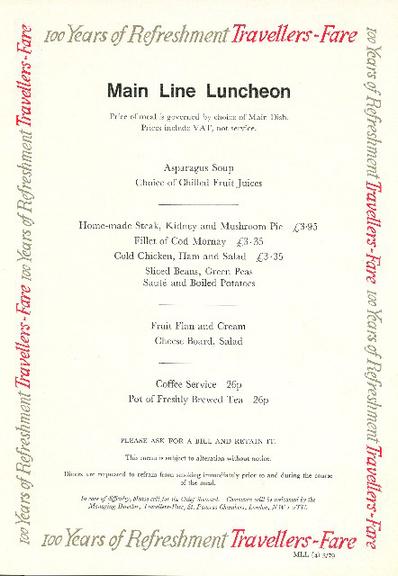 100 years of refreshment travellers fare main line luncheon (menu)