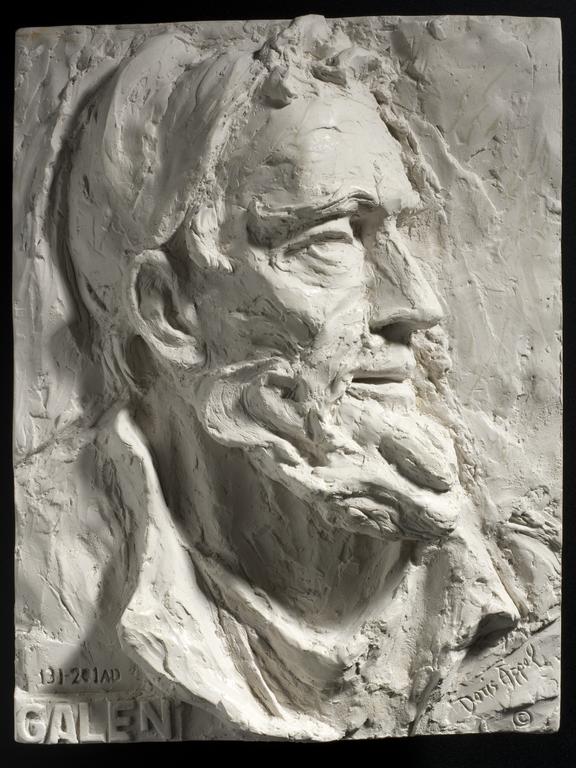 Relief plaque of Galen by Doris Appel, plaster of paris, 1958