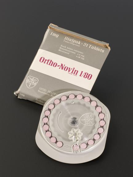 Contraceptive pills with dispenser, England, 1960-1970 (oral contraceptive pill)