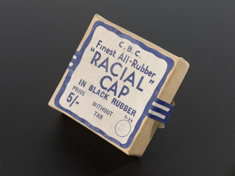 Lid of carton for cervical cap, "Racial" brand, London