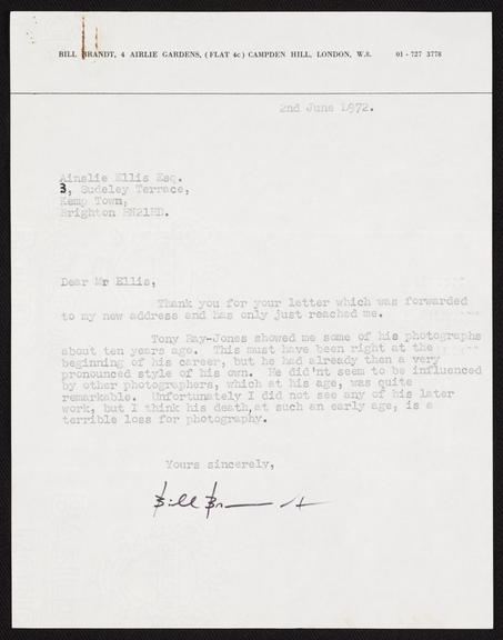 Letter from Bill Brandt to Ainslie Ellis