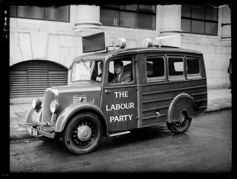 'New Labour loudspeaker van for rural areas'
    A photograph of