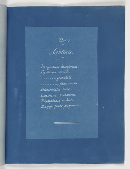 Contents Page From 'Photographs of British Algae: Cyanotype Impressions' (book; cyanotype)