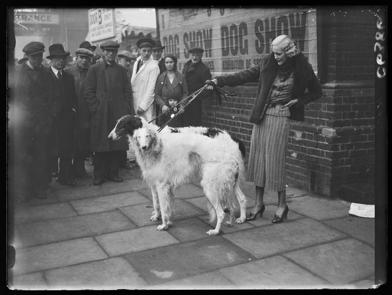 Mrs Dulcie Rice with two of her borzois, Crufts