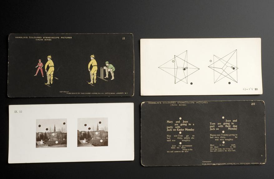 Variety of picture cards for stereoscope, London, England, 1925-1940