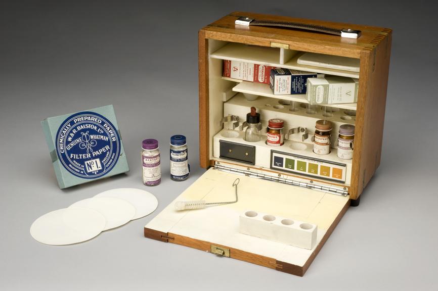 Clinitest urine testing kit, in brass-bound mahogany case