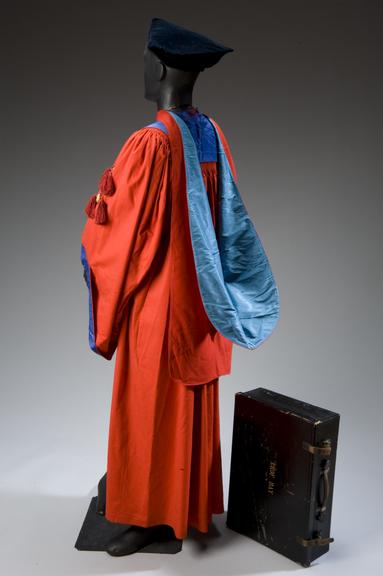 Professor Matthew Hay's academic cap, gown, and hood in box, Scotland, 1927