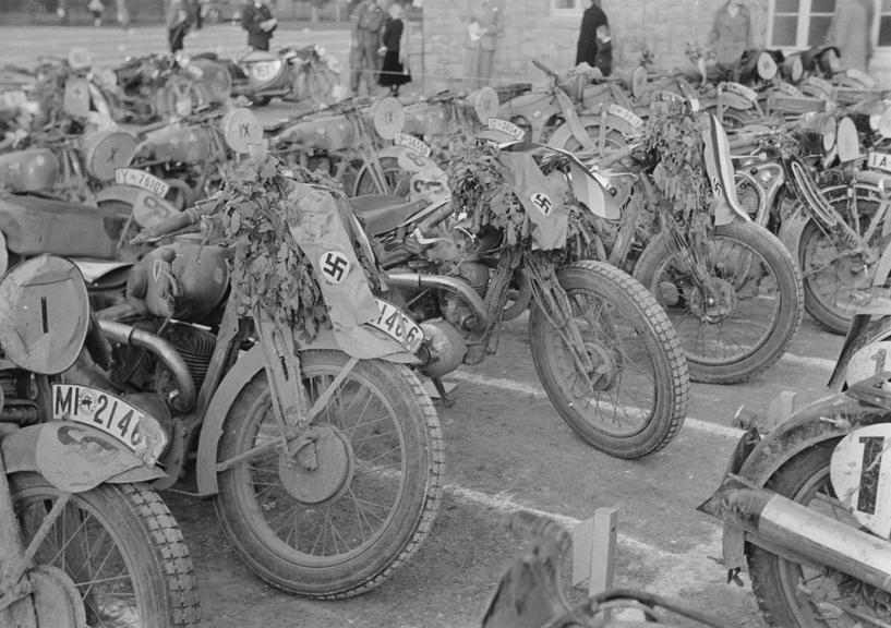 Rows of motorcycles at a racing track