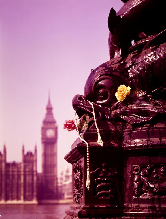 Roses & pearls draped on elaborate lamp post on South Bank