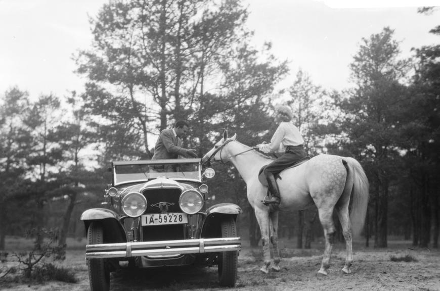 Man in Buick car pets horse