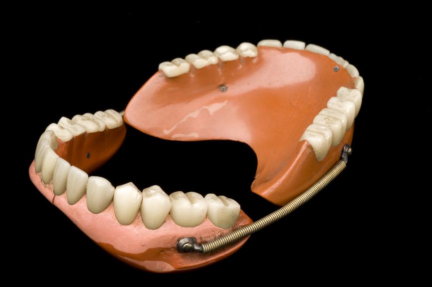 Full dentures, vulcanite, plates, porcelain teeth, gilt springs