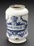 Tin glazed earthenware drug jar, peacock motif