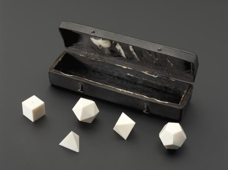 Set of five regular Platonic Solids in box