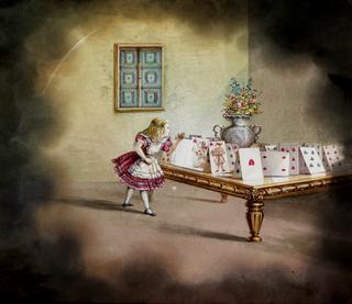 Magic lantern slide showing scene from 'Alice's Adventures or The Queen of Hearts and the Stolen Tarts'