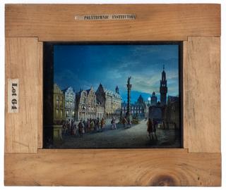 Magic lantern slide showing street scene