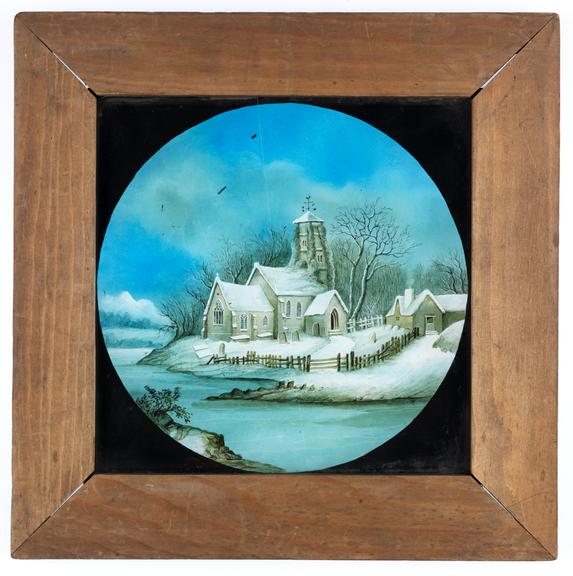 Magic lantern slide showing Poppleton Church in winter