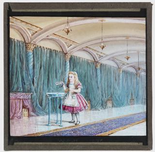 Magic lantern slide depicting Alice's Adventures in Wonderland, 'Drink Me'