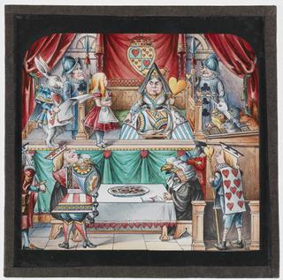 Magic lantern slide depicting Alice's Adventures in Wonderland, Alice and The Queen of Hearts