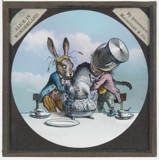 Magic lantern slide depicting Alice's Adventures in Wonderland, The Mad Hatter's Tea Party