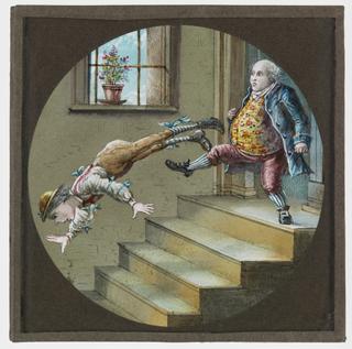 Magic lantern slide depicting Alice's Adventures in Wonderland, Man Being Kicked Downstairs