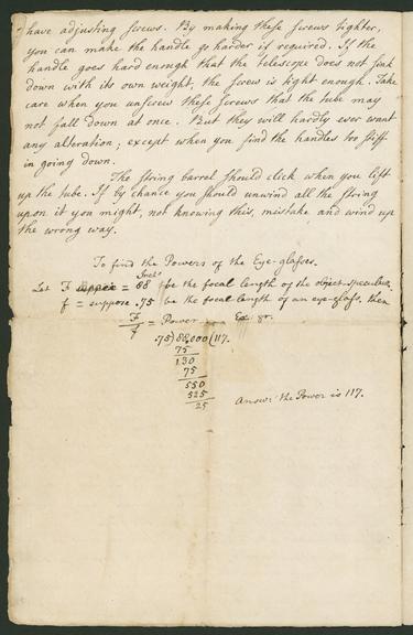 Pamphlet by William Herschel;instructions for the use of his Newtonian reflecting telescope