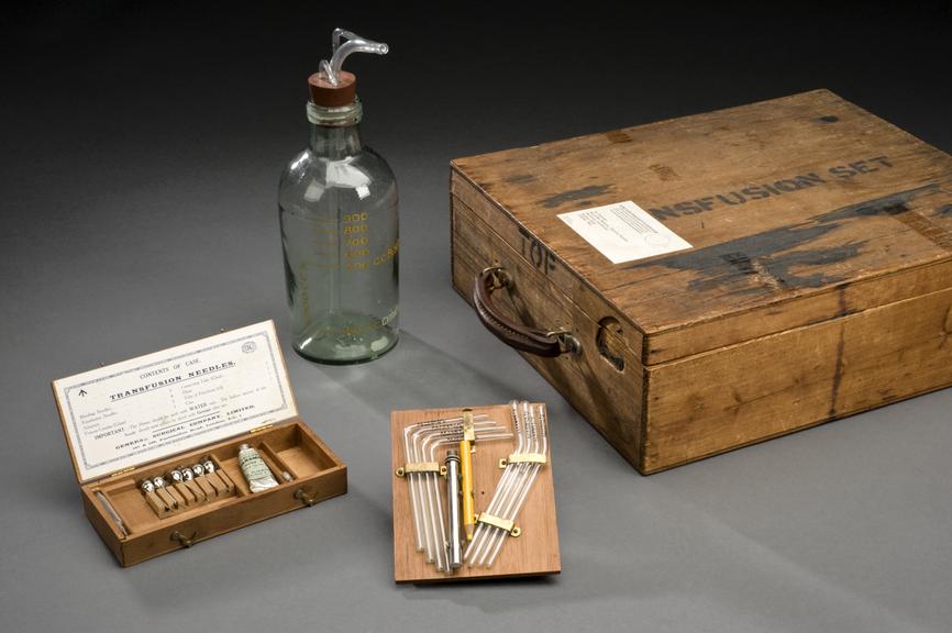 Wooden case for blood transfusion apparatus