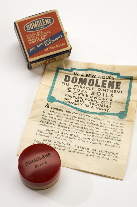 Jar of "Domolene" ointment, with instruction