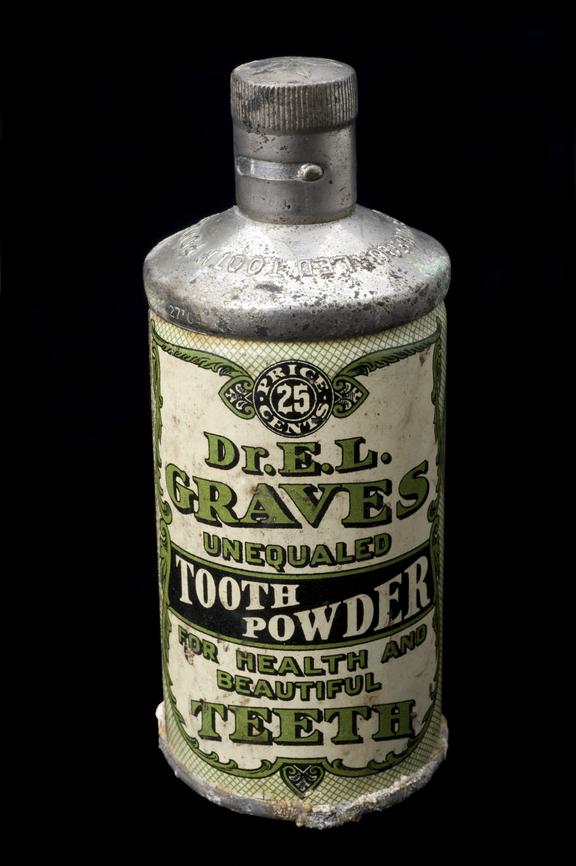 Metal bottle for Dr. E.L. Graves tooth powder, USA