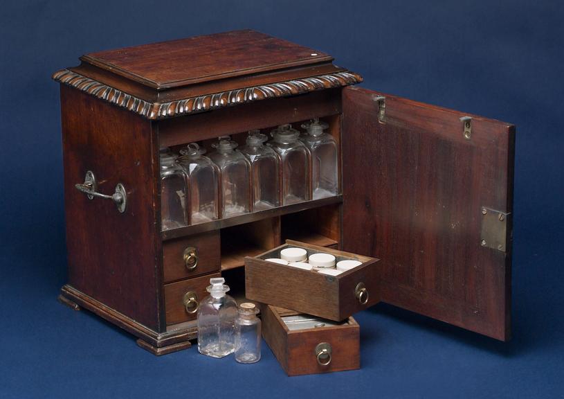 Sheraton medicine chest, with 32 glass bottles, 14 labelled