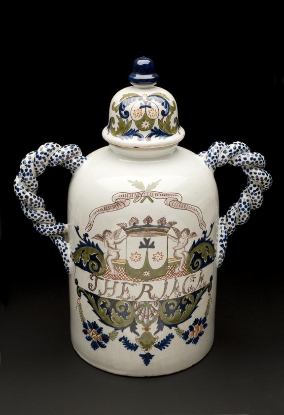 Pharmacy storage jar, French, Hustin factory, 1725-1775