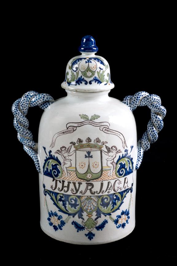 Pharmacy storage jar, French, Hustin factory, 1725-1775