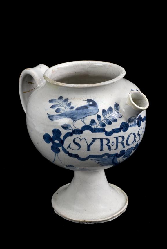 Syrup jar, tin glazed earthenware, songbird motif