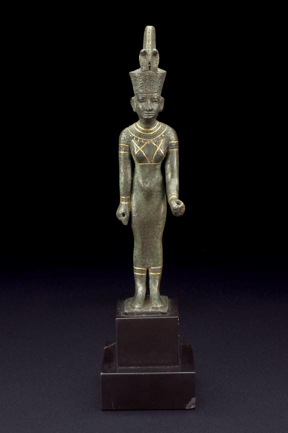 Fine bronze figurine of Neith inlaid with gold, Egyptian