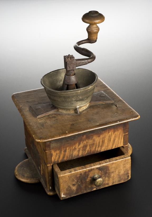 Large square wooden-cased mill with pewter cup-shaped top