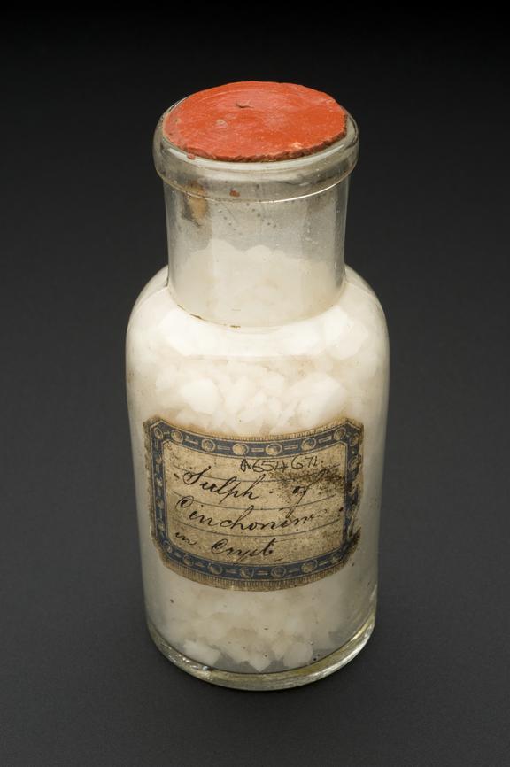 Bottle of cinchonine sulphate crystals with wax sealed cork