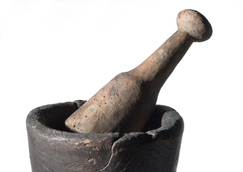 Carved wood mortar and pestle, probably European, 1501-1800