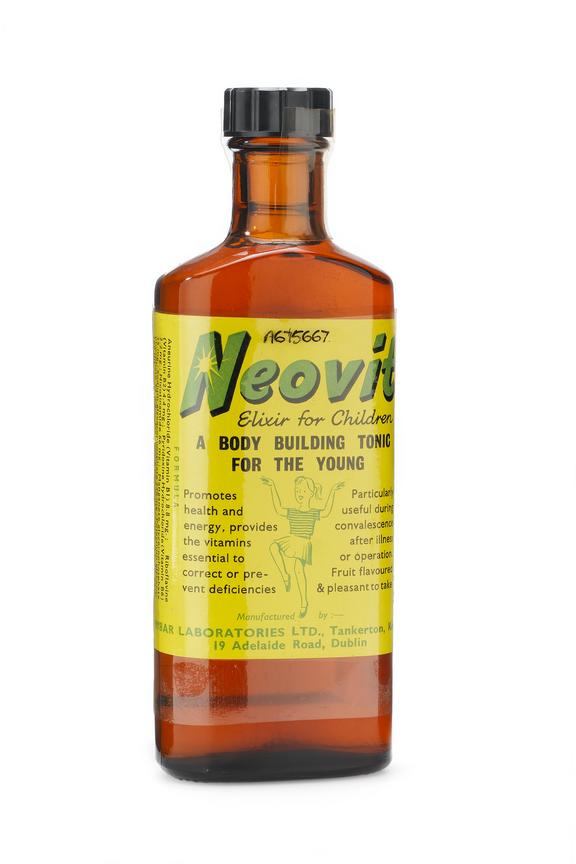 Brown glass bottle containing Neovit elixir for children